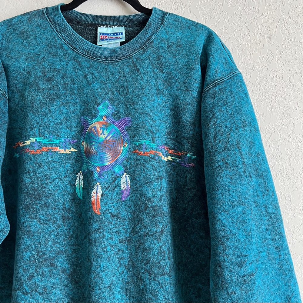 Vintage Hanes Sea Turtle Pullover Sweatshirt Feathers Tribal Turquoise/B… - Picture 3 of 8